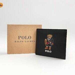 Polo Ralph Lauren Preppy Bear Bifold Wallet Leather Embroidered Black BRAND NEW